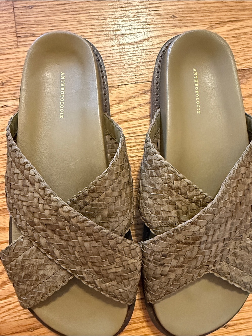 Anthropologie Woven Leather Crossband Slide Sandals in Tan and Olive - Picture 8 of 10
